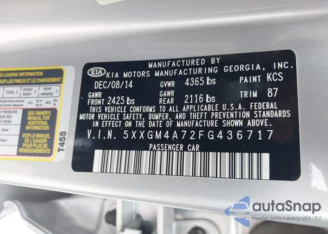 2015 Kia Optima Lx z USA, uszkodzony, nr VIN 5XXGM4A72FG436717